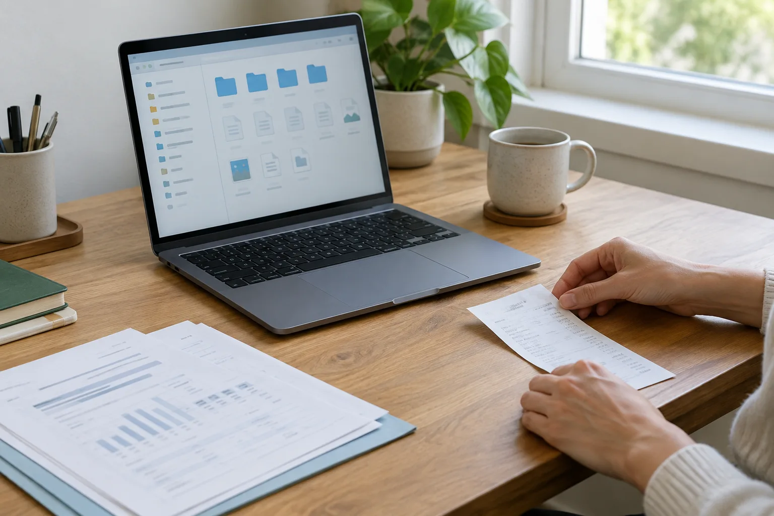 Des documents papier rangés près d’un ordinateur portable sur un bureau.