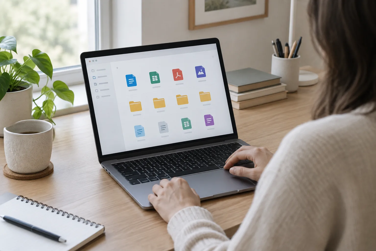 Une personne range des fichiers sur un ordinateur portable posé sur un bureau.