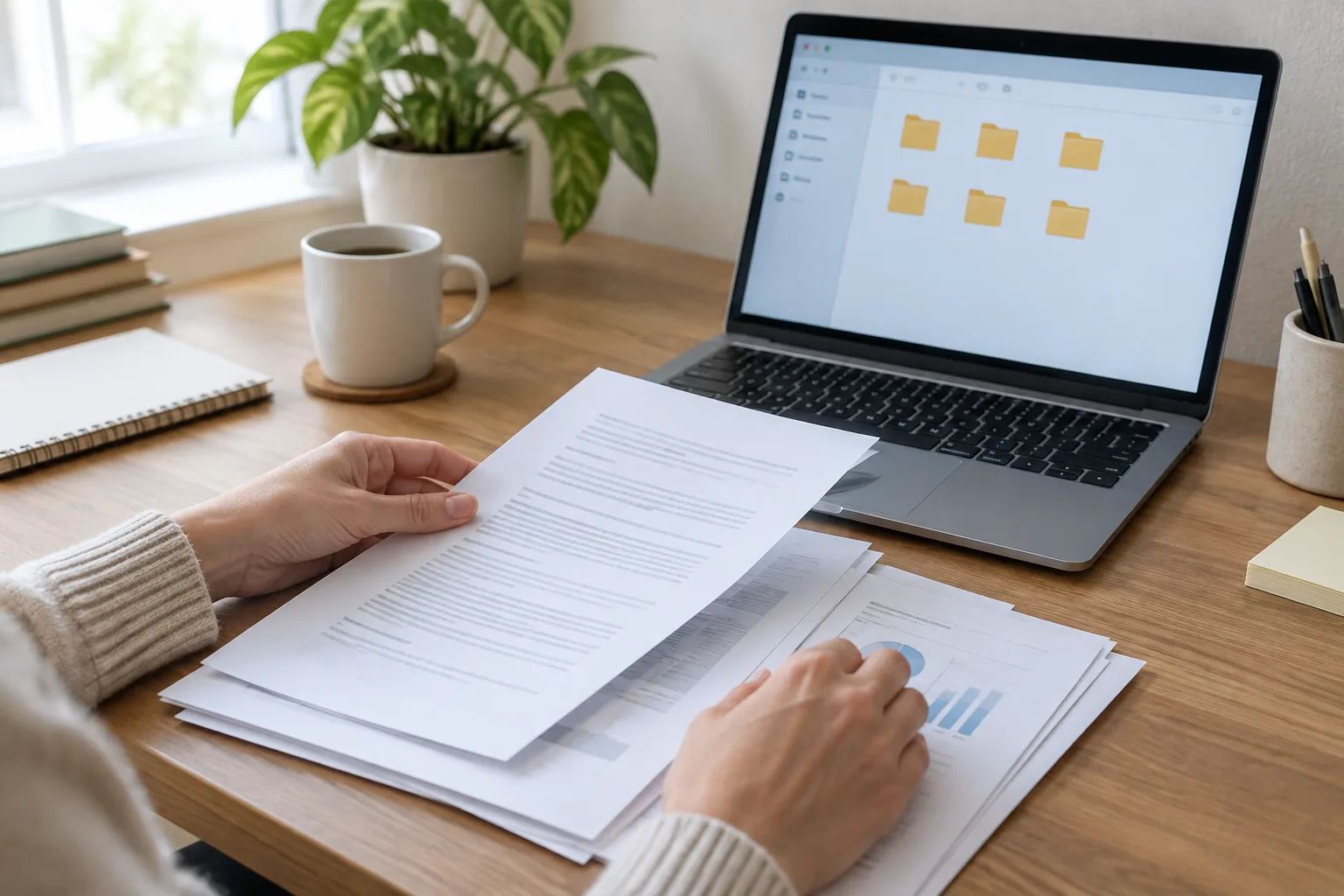 Des mains trient des documents près d’un ordinateur affichant des dossiers sans texte lisible.