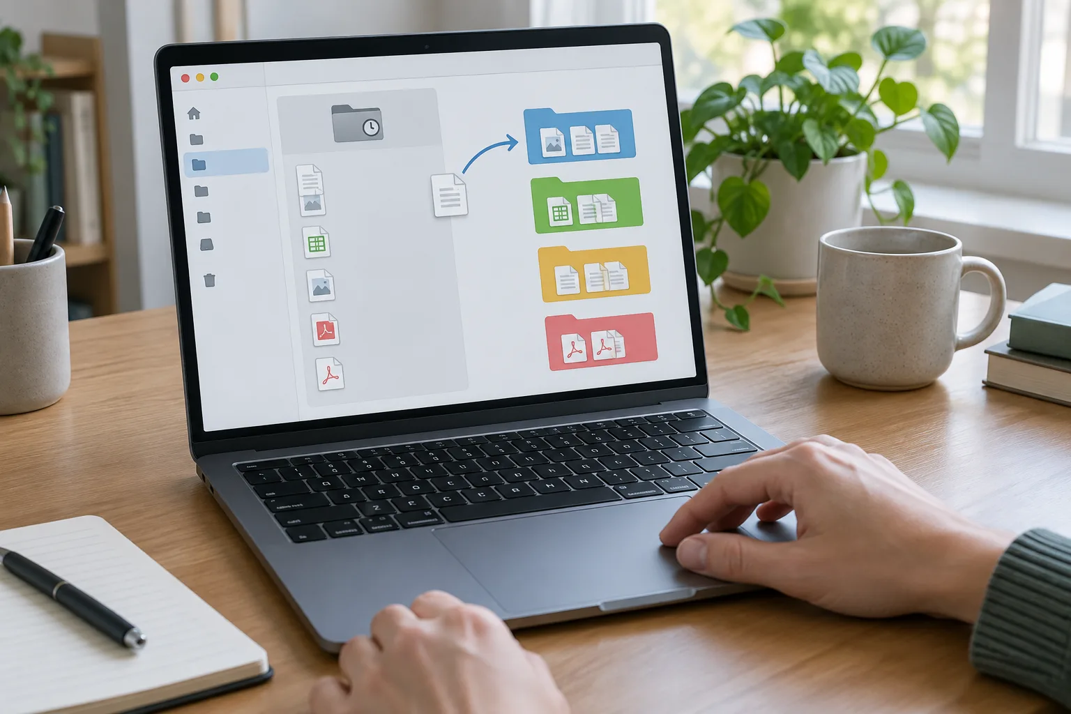 Un ordinateur affiche des fichiers en cours de classement dans plusieurs dossiers.