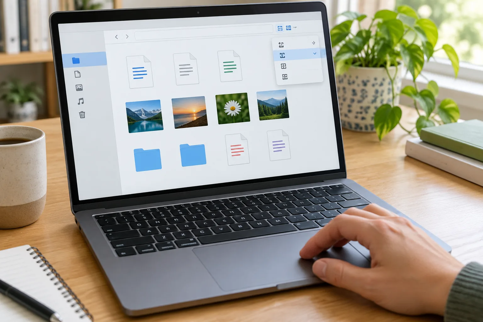 Une personne trie des fichiers dans une interface de gestion sur un ordinateur portable.