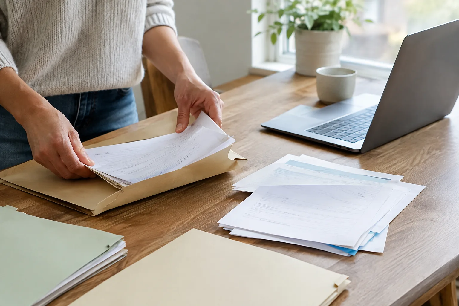 Des documents sont triés en plusieurs piles à côté d’un ordinateur portable.