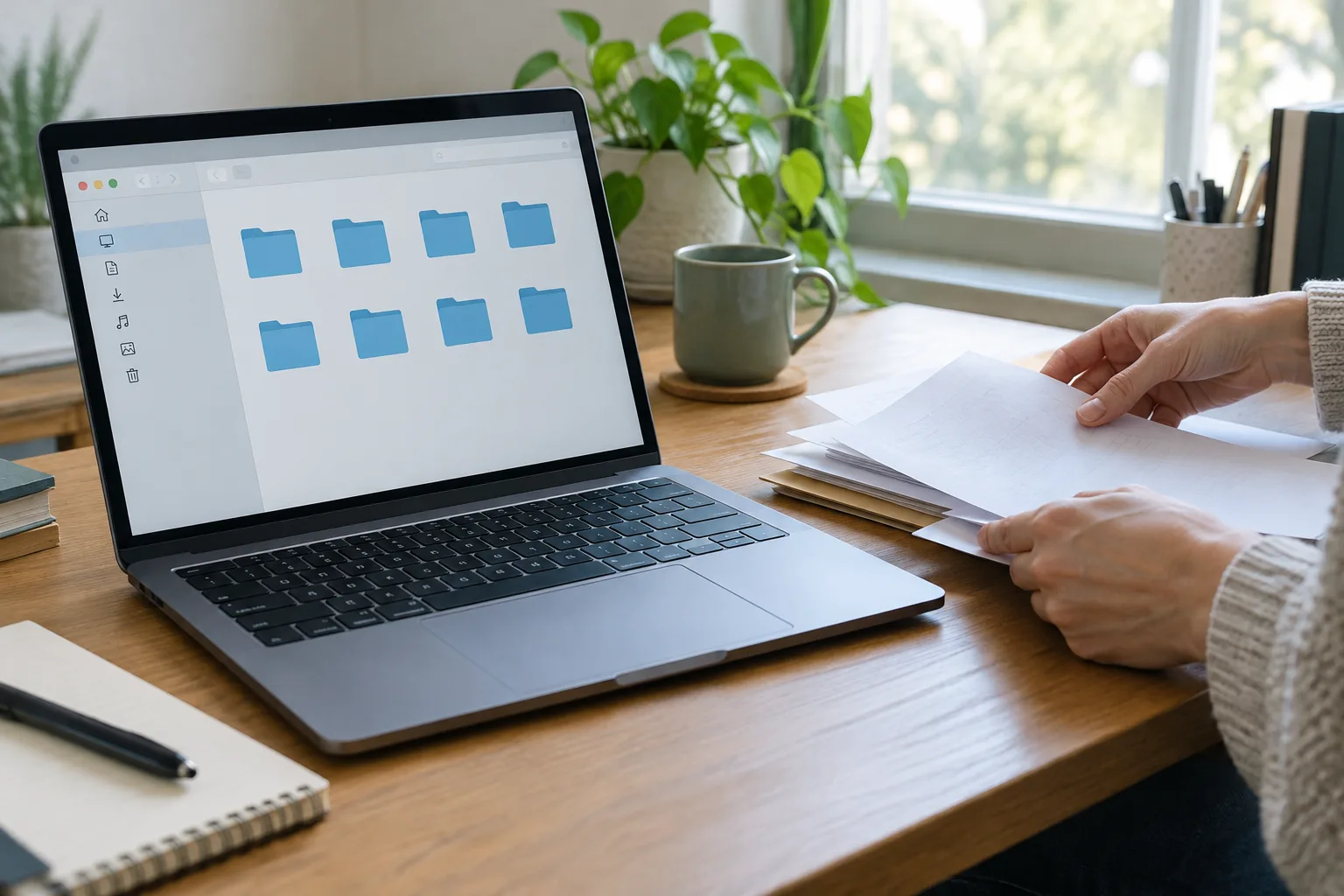 Des mains trient des documents près d’un ordinateur affichant des dossiers numériques.