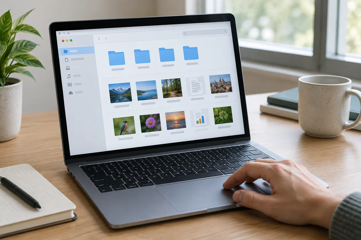 Une personne trie des fichiers dans des dossiers sur un ordinateur portable.