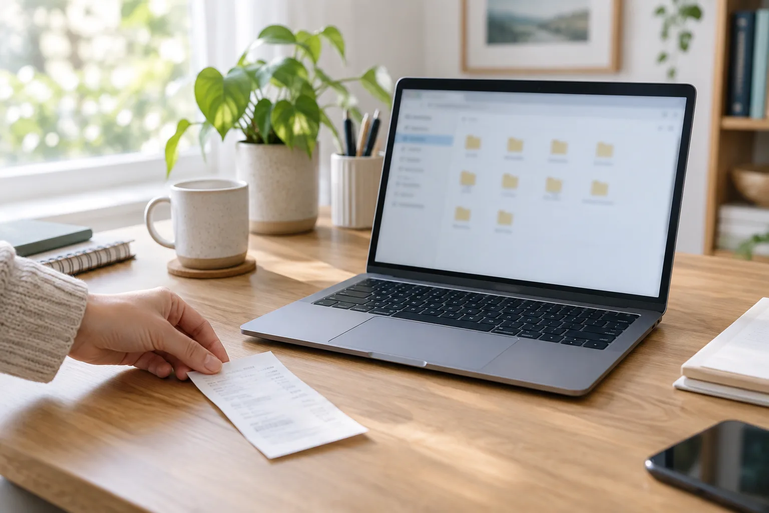 Un ordinateur portable ouvert à côté d’un reçu, sur un bureau lumineux.