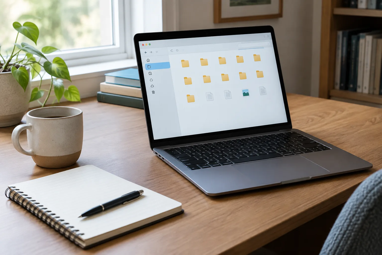 Un ordinateur portable ouvert sur un gestionnaire de fichiers, posé sur un bureau rangé.