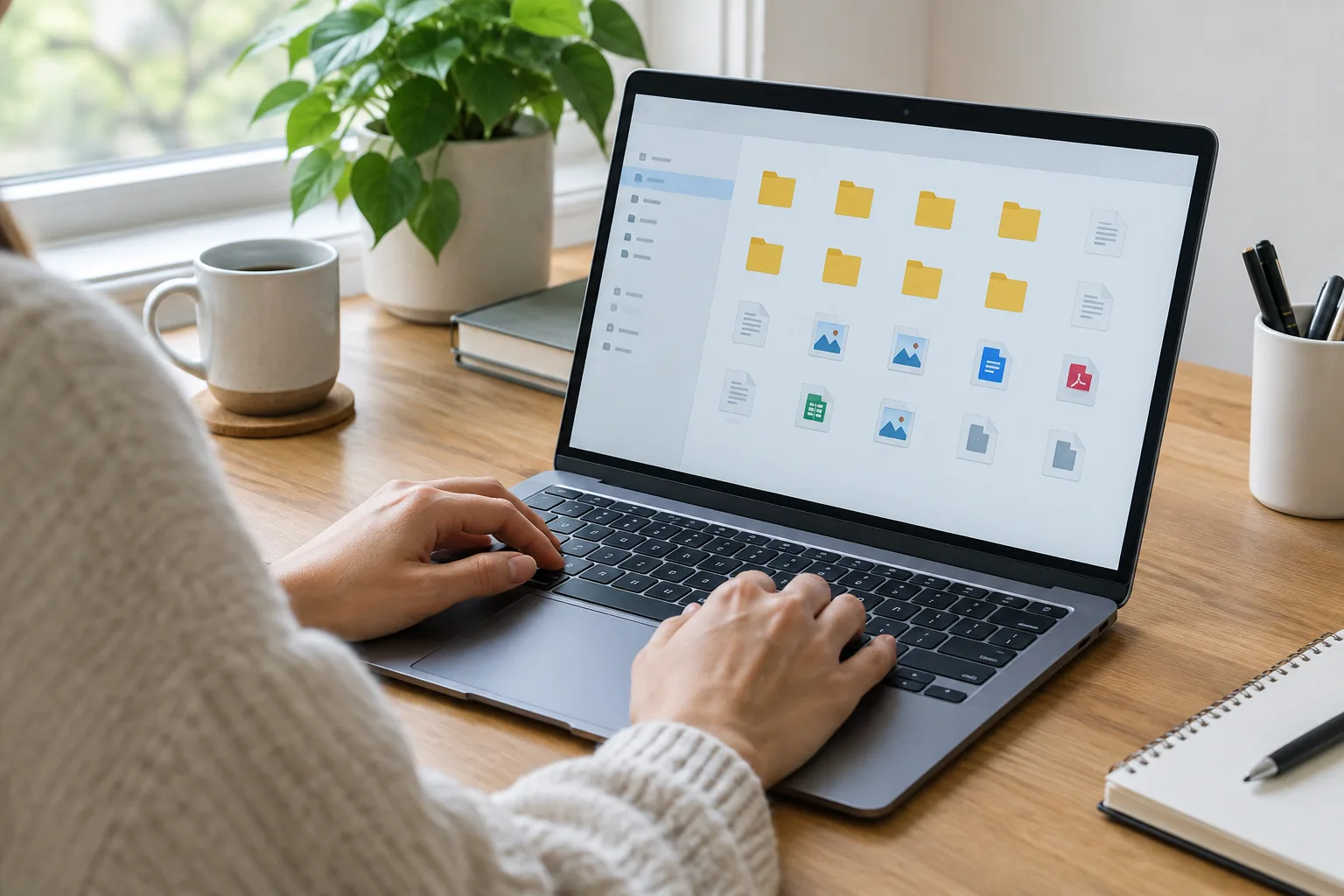 Une personne organise des dossiers sur un ordinateur portable posé sur un bureau.