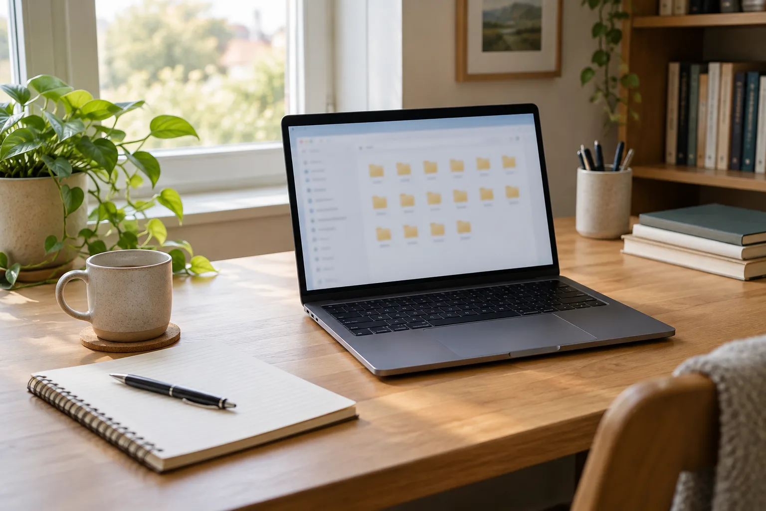 Ordinateur portable ouvert sur une interface de gestion de fichiers, posé sur un bureau rangé.
