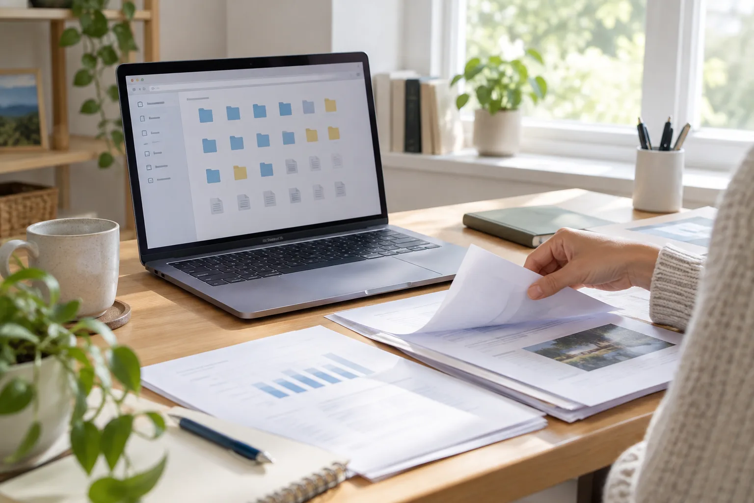 Un ordinateur ouvert à côté de documents papier sur un bureau rangé.