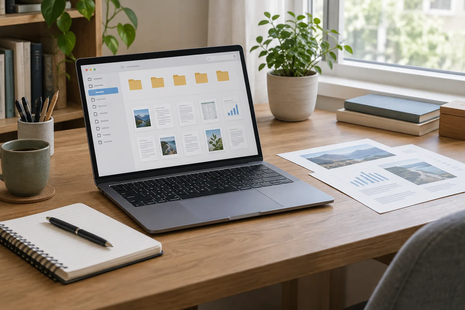 Un ordinateur portable ouvert sur un bureau rangé, avec des dossiers numériques affichés à l’écran.