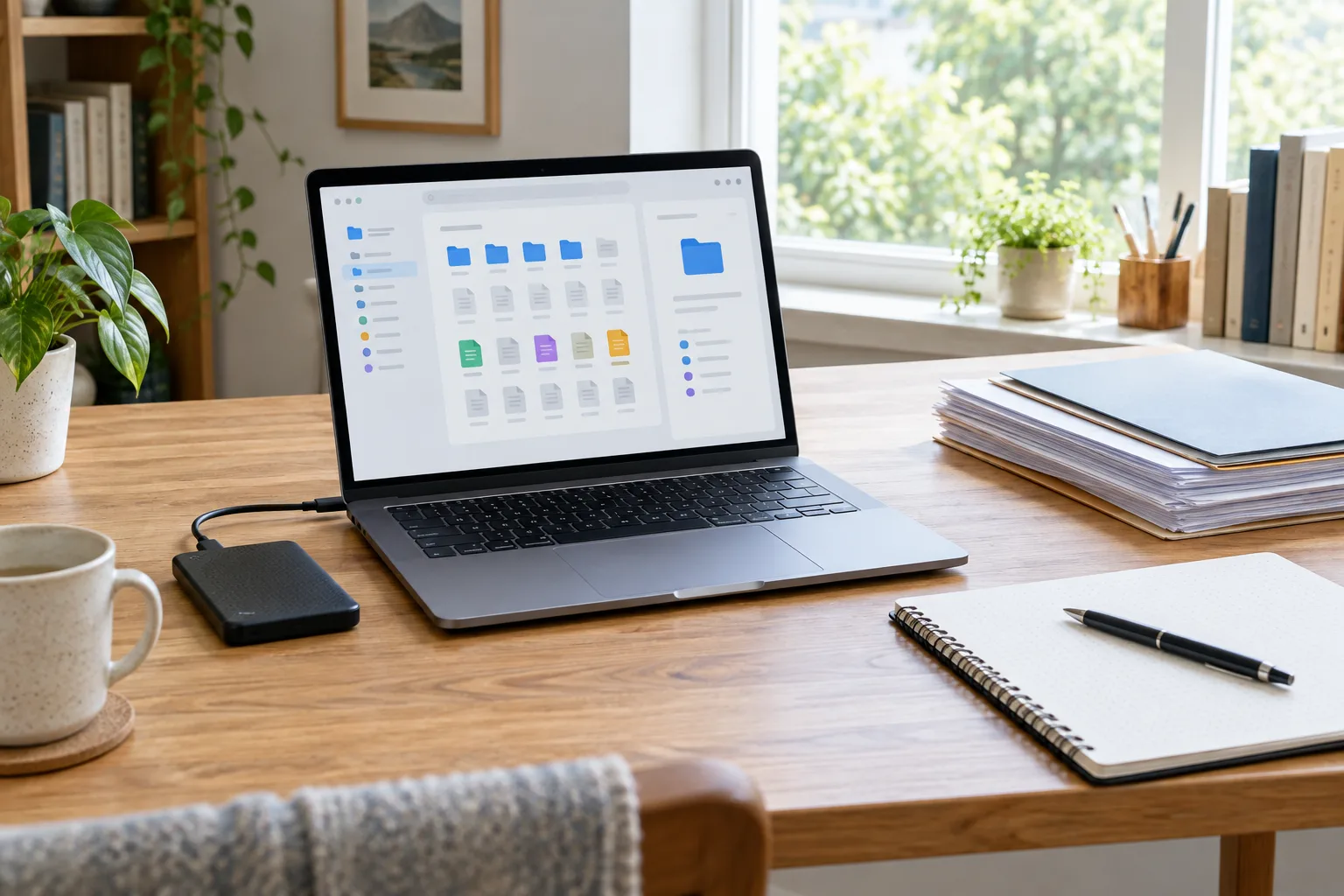 Un ordinateur portable et un disque externe posés sur un bureau rangé.