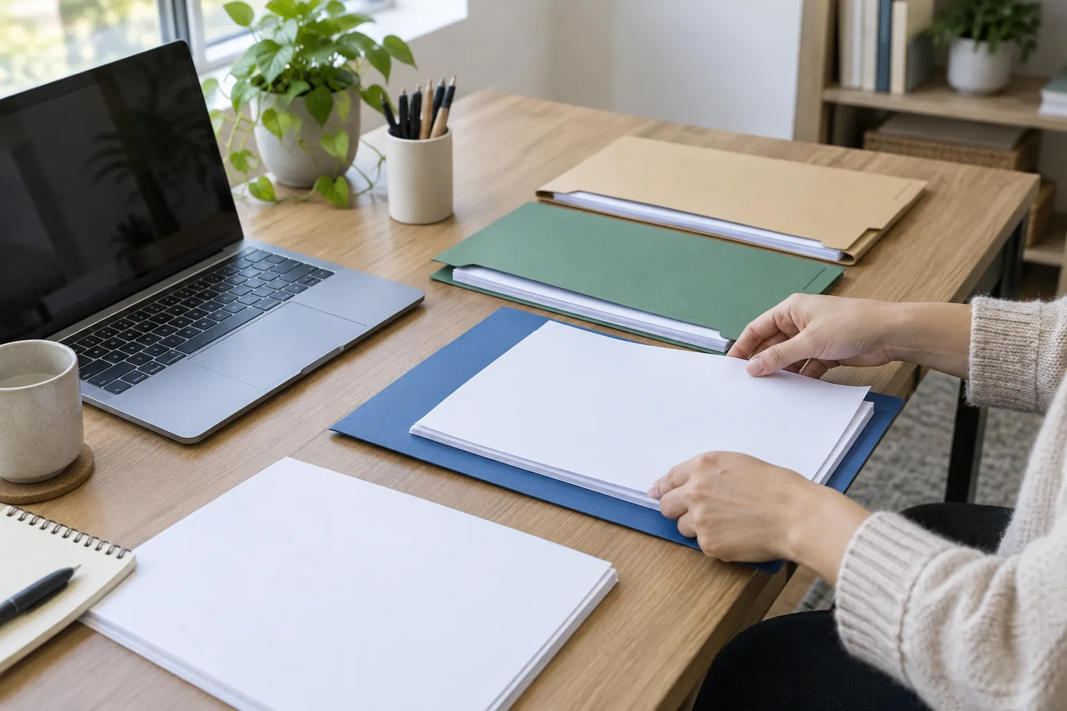 Un ordinateur portable posé sur un bureau rangé, à côté de quelques dossiers de classement.