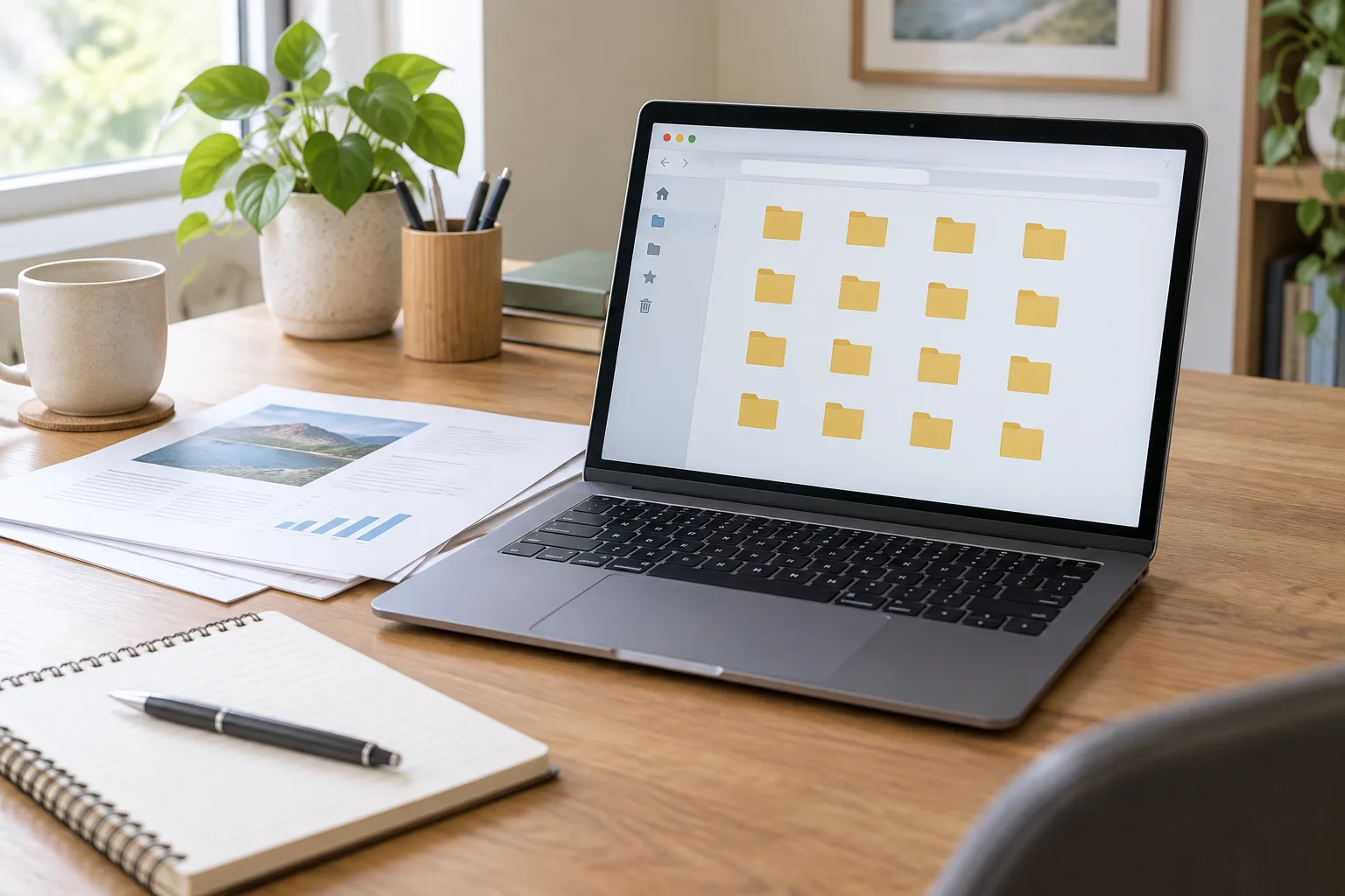 Ordinateur portable ouvert sur un gestionnaire de fichiers, avec des papiers et un carnet posés sur le bureau.