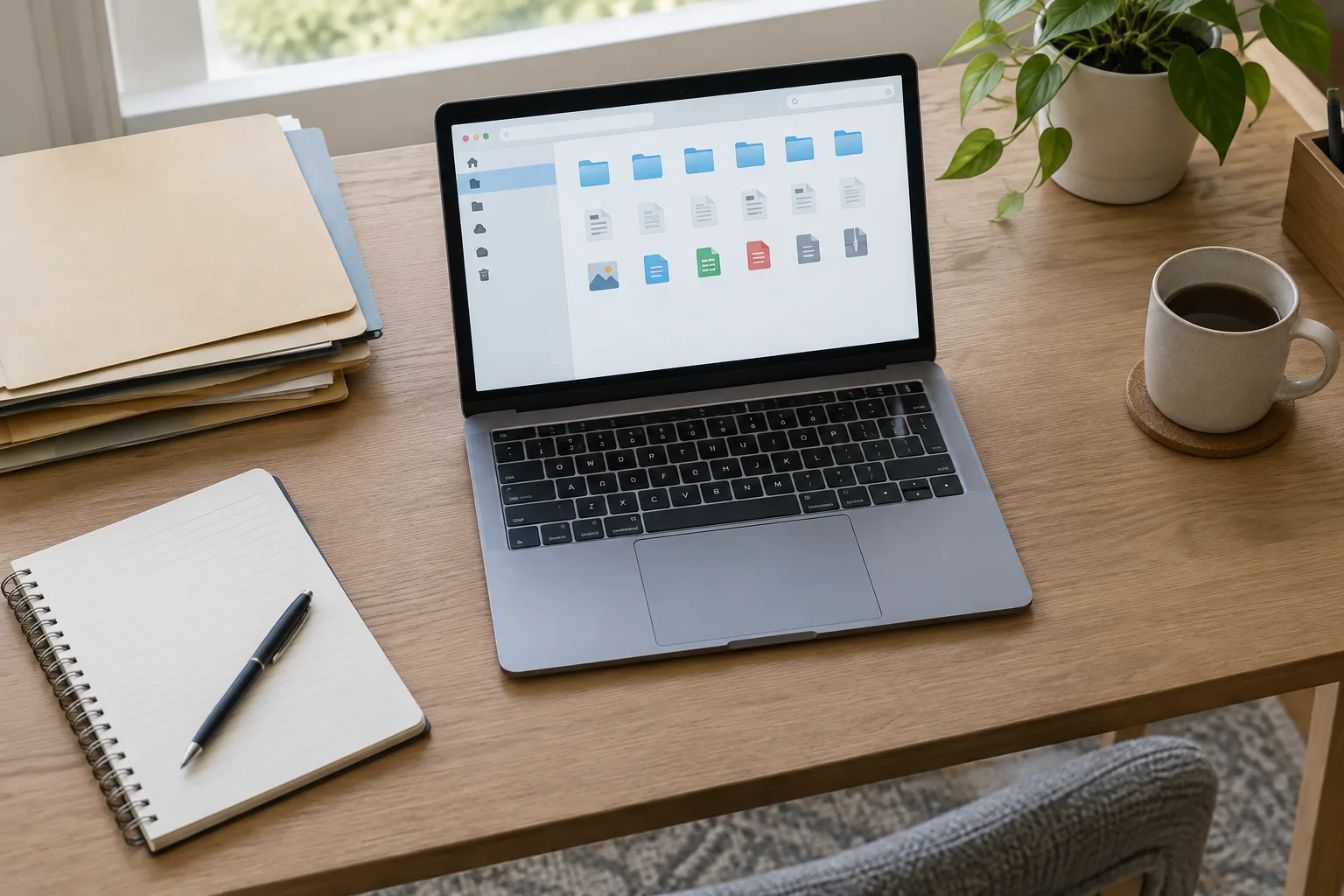 Un ordinateur portable ouvert sur un bureau rangé, avec des dossiers papier à proximité.