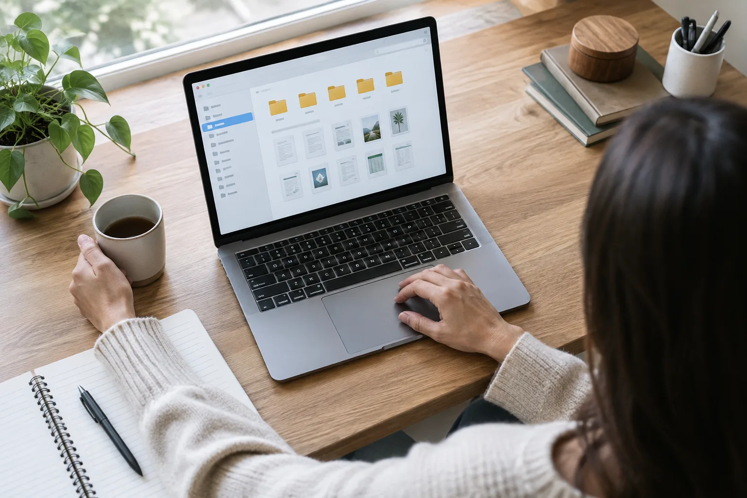 Un ordinateur portable ouvert sur une fenêtre de gestion de fichiers, avec des dossiers affichés à l’écran.