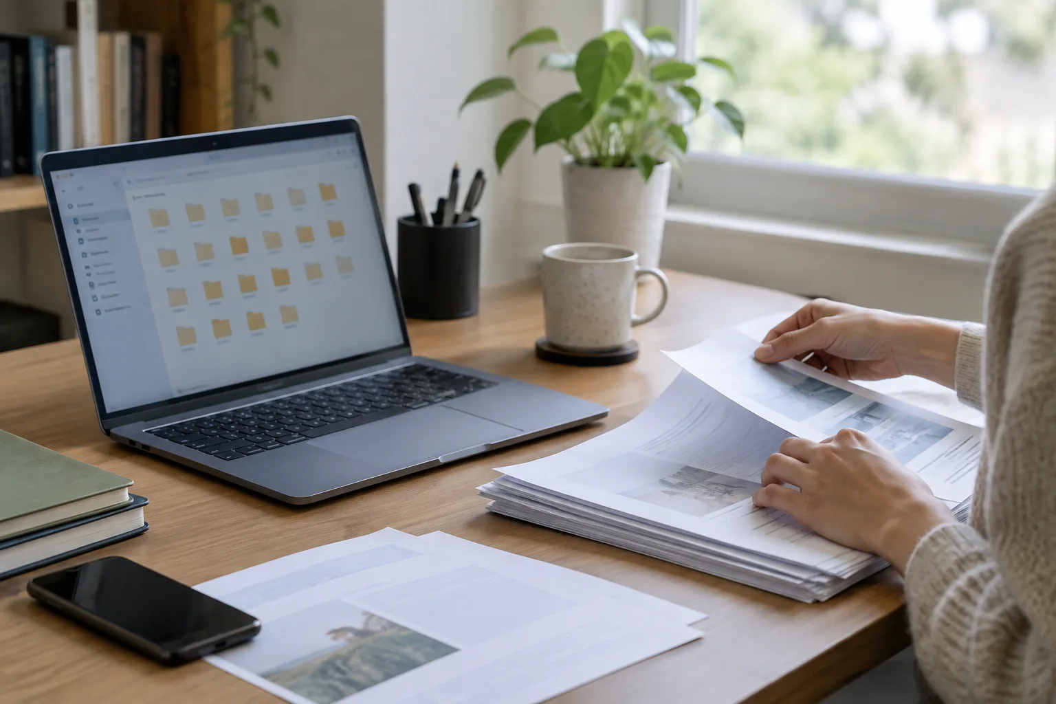Un ordinateur portable ouvert sur un bureau rangé, à côté de documents papier triés.