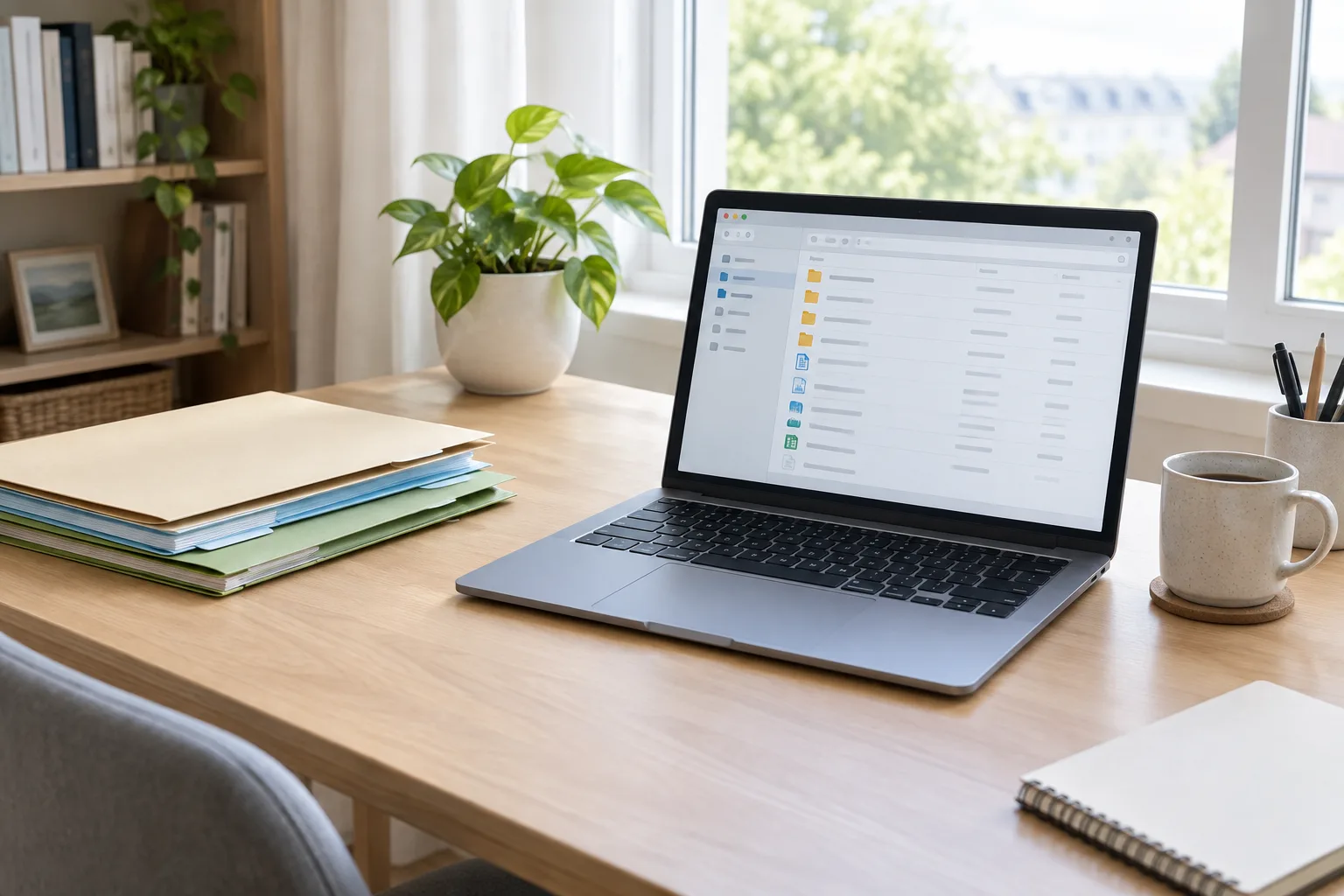 Un ordinateur portable affichant une fenêtre de gestion de fichiers, avec des dossiers papier rangés sur un bureau.