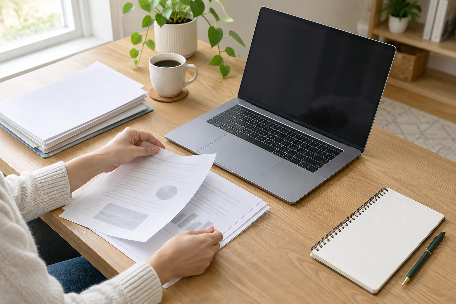 Un ordinateur portable ouvert sur un bureau où des documents sont en cours de classement.