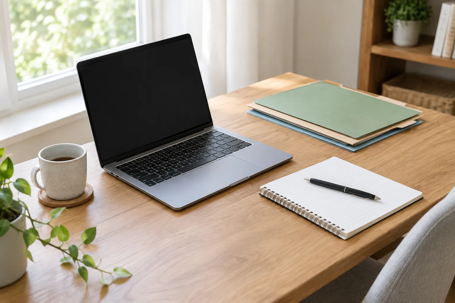 Un ordinateur portable posé près de dossiers papier bien rangés sur un bureau lumineux.