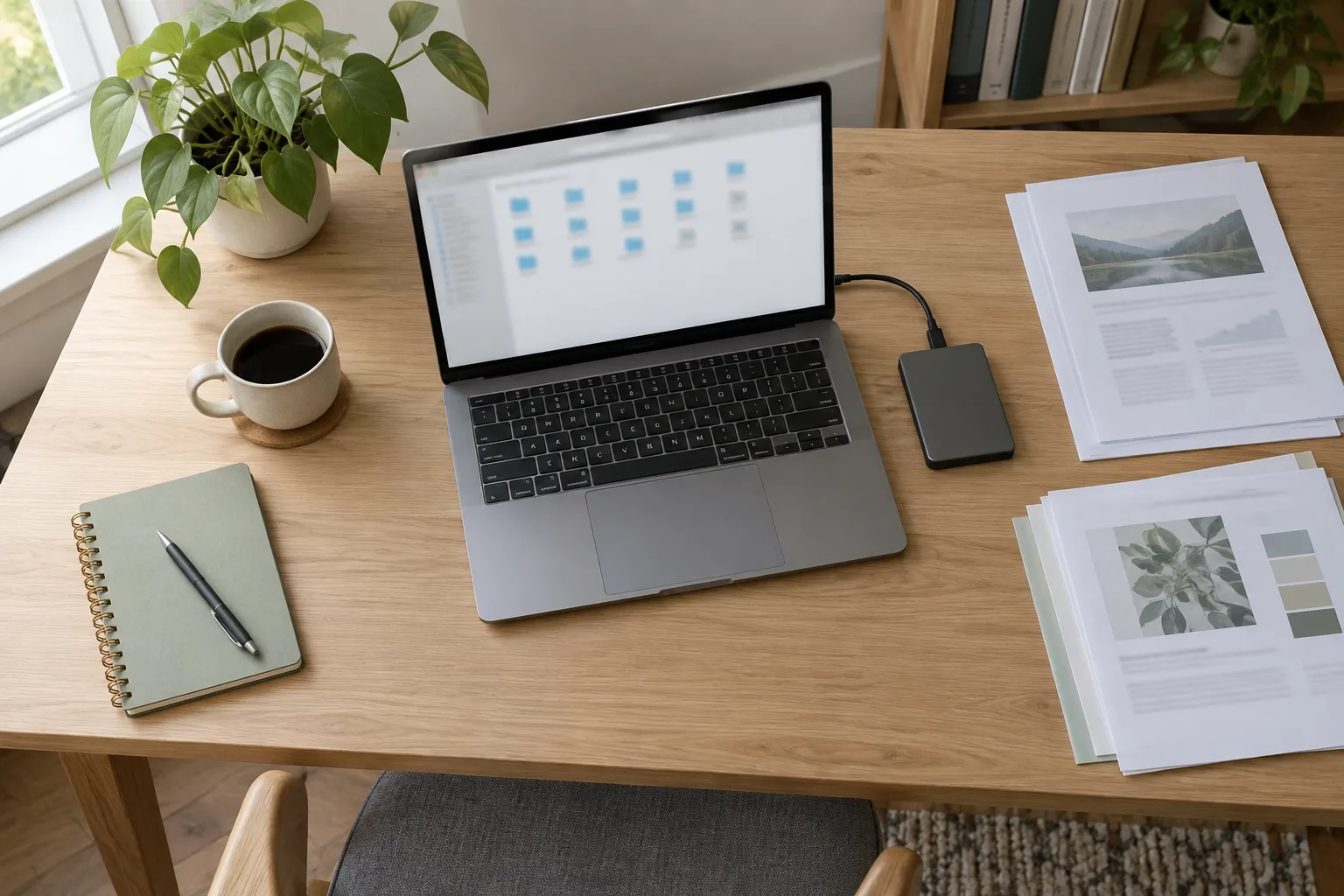 Un ordinateur portable et des documents rangés sur un bureau clair.
