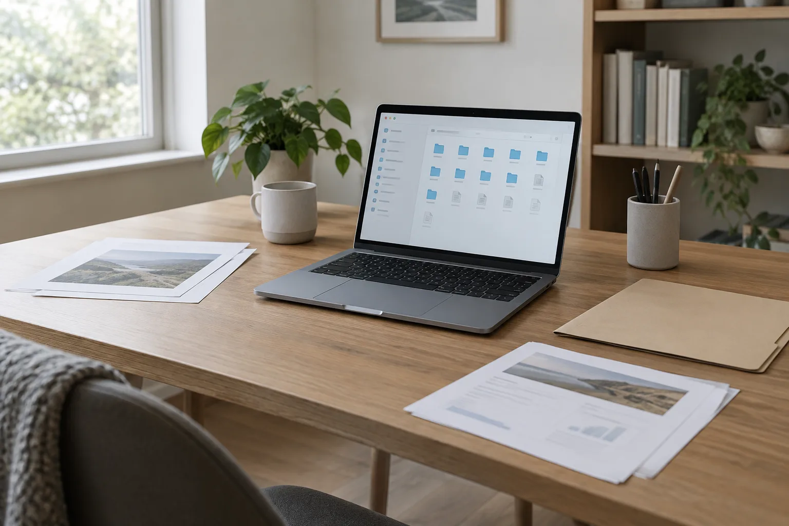 Un ordinateur portable ouvert sur une interface de fichiers, posé près de documents soigneusement rangés.