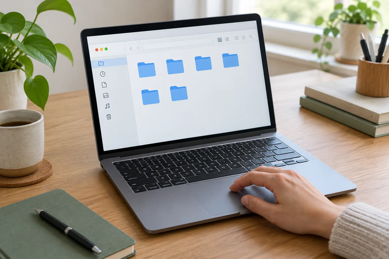 Un ordinateur portable ouvert sur une interface de dossiers rangés, posé sur un bureau lumineux.