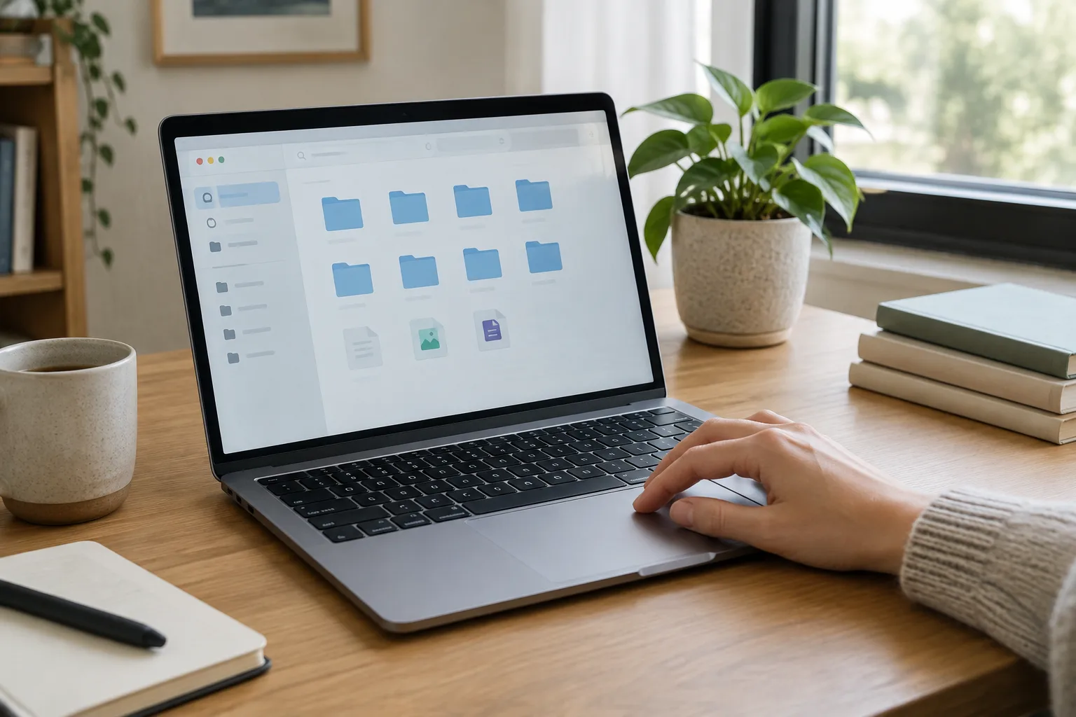 Une main utilise le pavé tactile d’un ordinateur portable affichant des dossiers numériques.