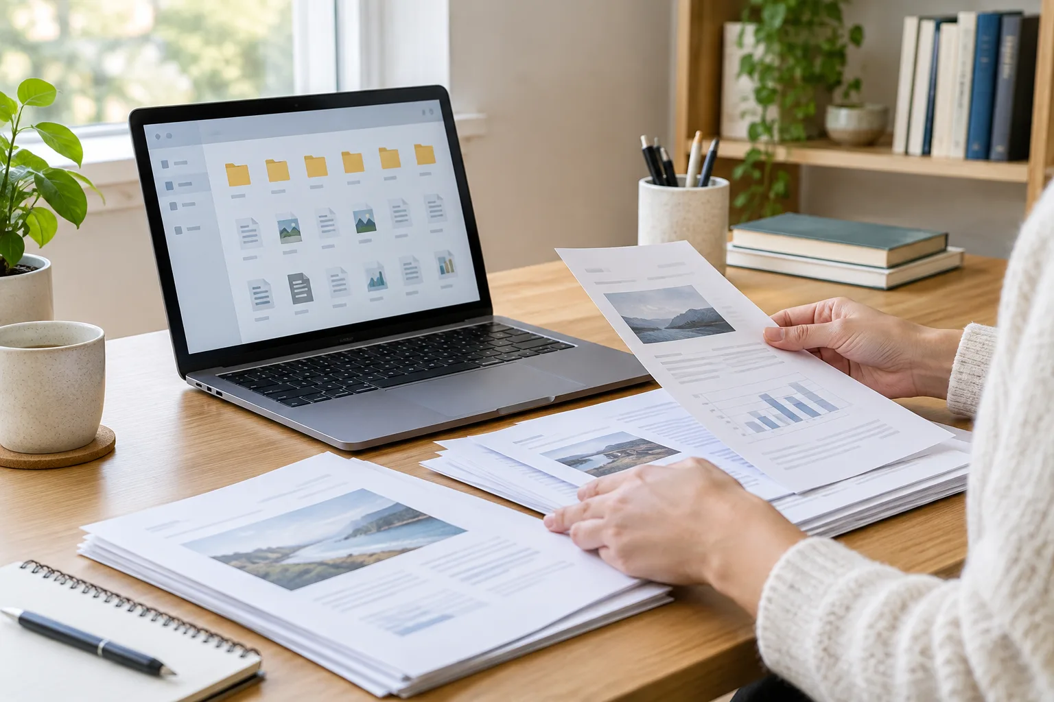 Un ordinateur portable affichant des dossiers numériques rangés, à côté de documents papier triés sur un bureau.