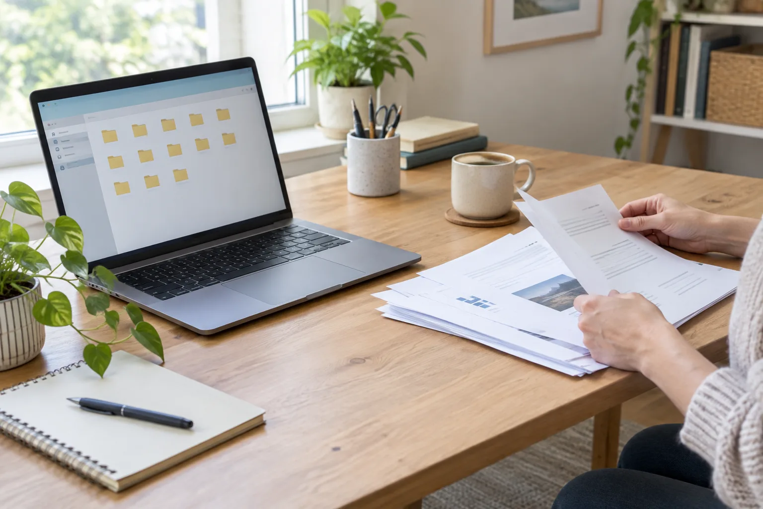Un ordinateur portable affiche des dossiers numériques à côté de documents triés sur un bureau.