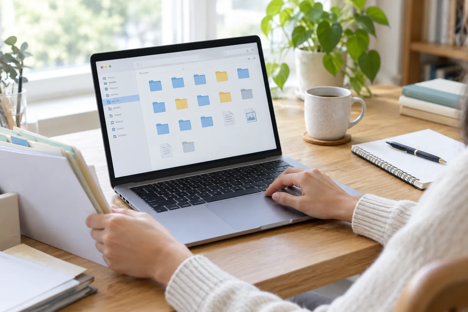 Un ordinateur portable ouvert sur un gestionnaire de fichiers, posé sur un bureau lumineux.