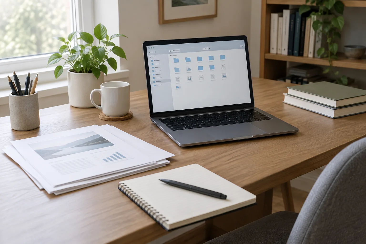 Un ordinateur portable ouvert sur un bureau rangé, avec des documents classés à proximité.