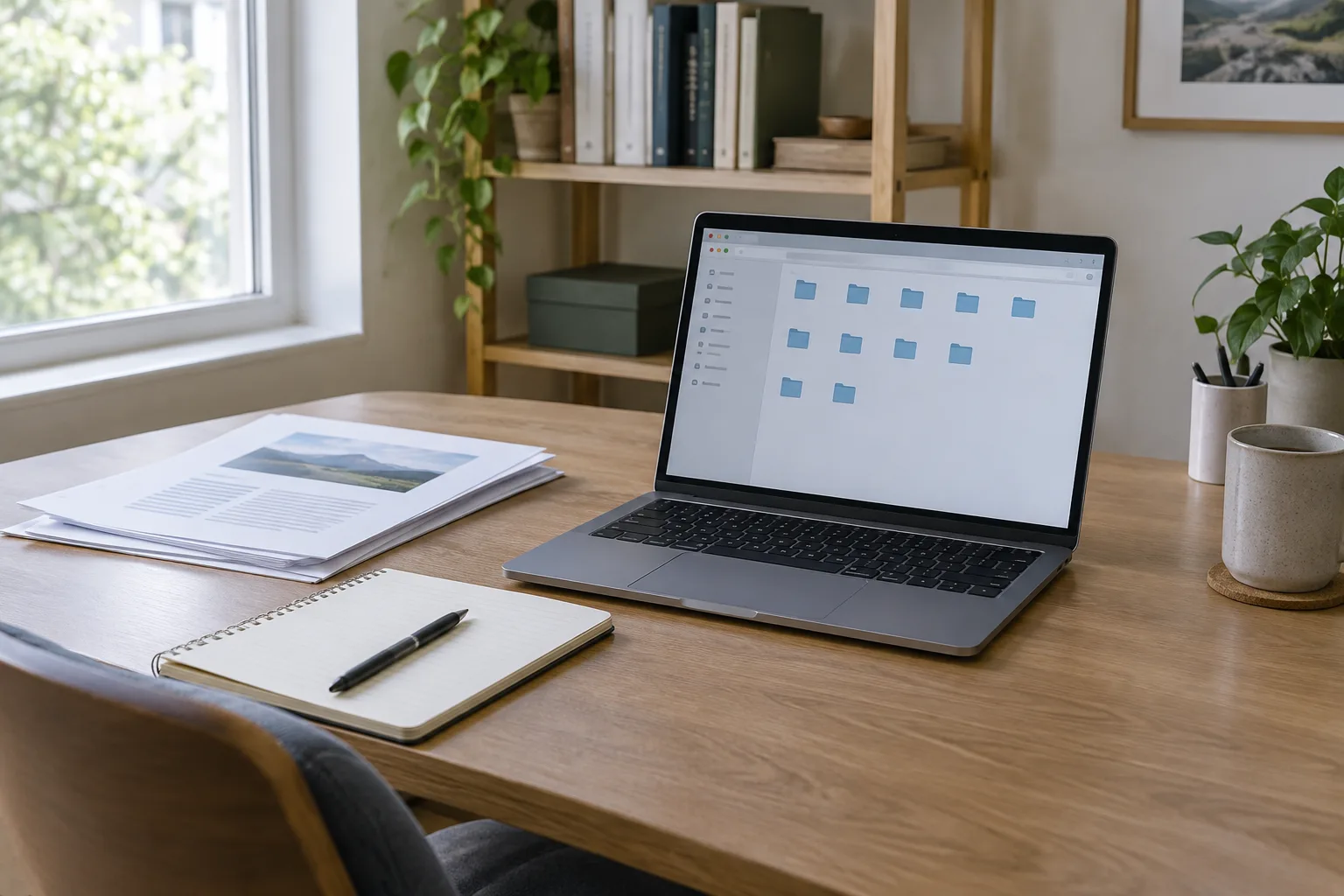 Un ordinateur portable ouvert sur un gestionnaire de fichiers, posé sur un bureau rangé.