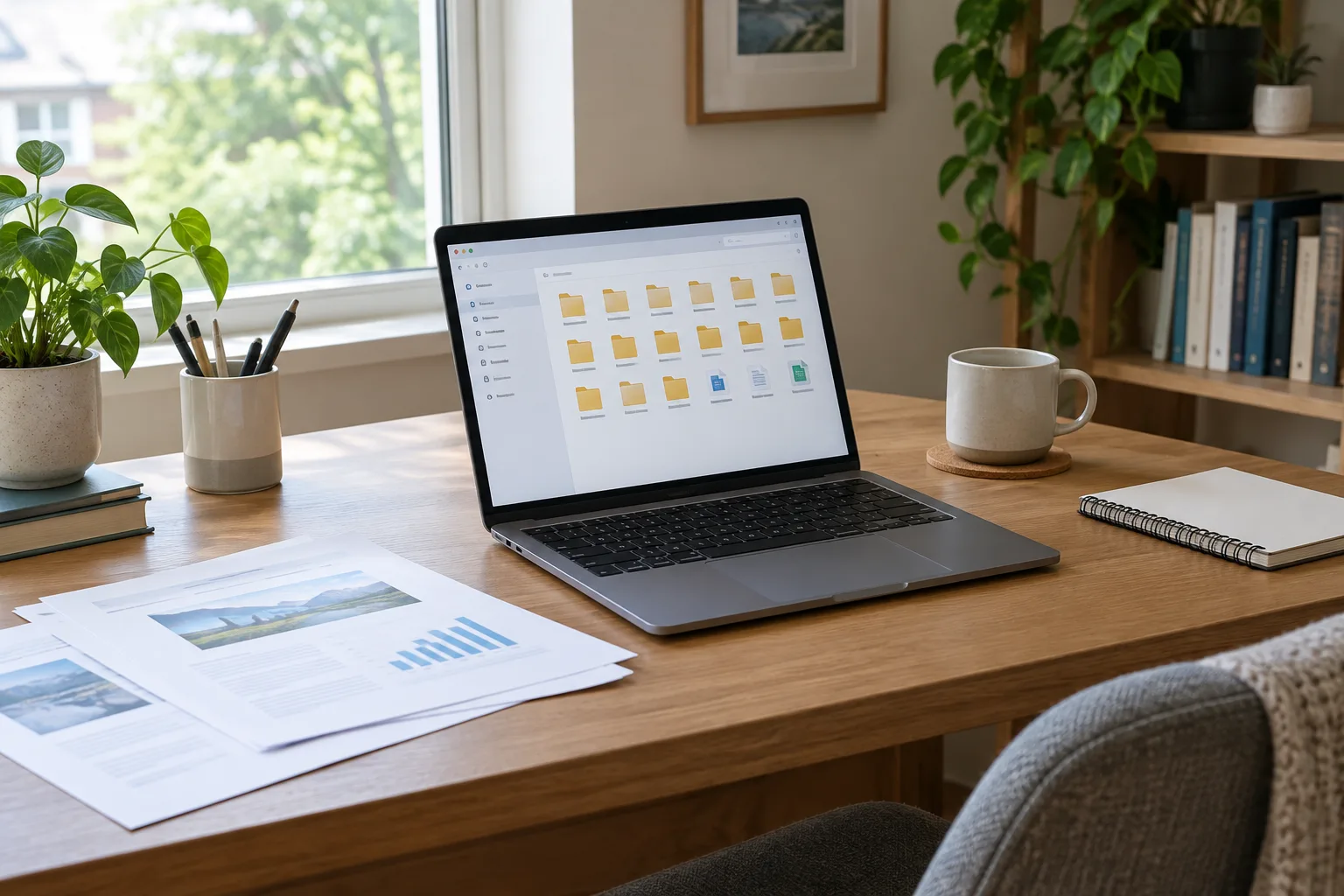 Un ordinateur portable ouvert sur un gestionnaire de fichiers avec des dossiers bien rangés.