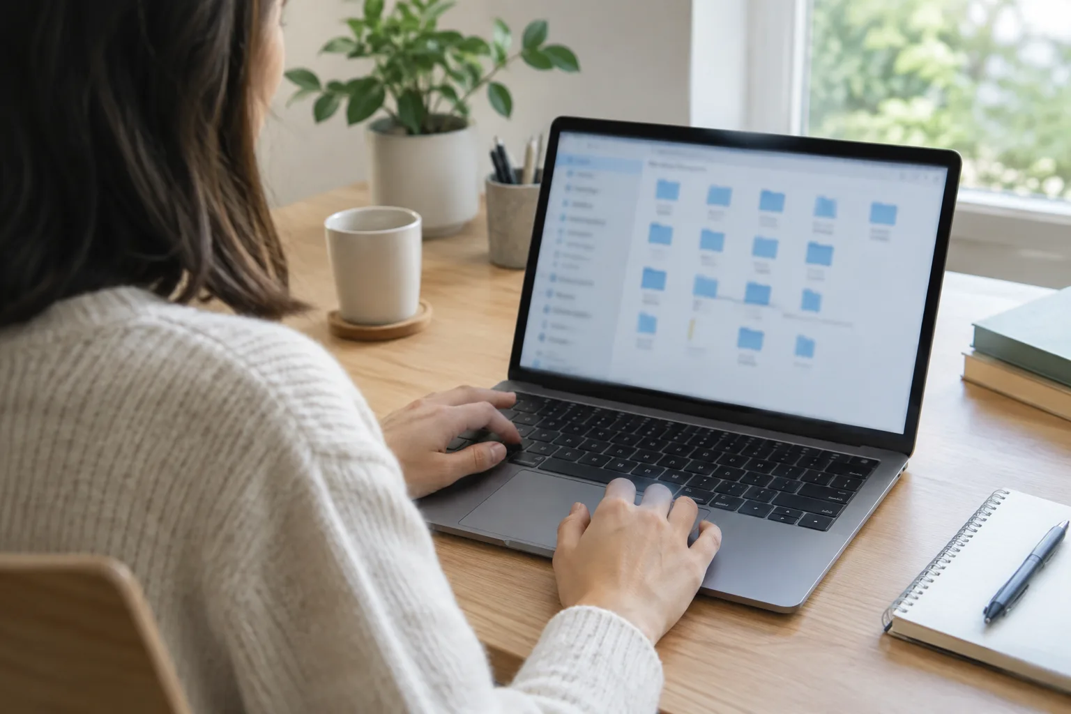 Un ordinateur portable ouvert sur un gestionnaire de fichiers organisé, posé sur un bureau lumineux.