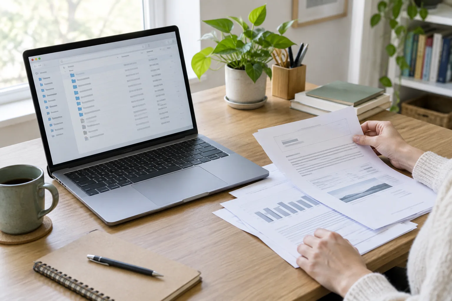 Un ordinateur portable ouvert sur une interface de fichiers, à côté de documents à classer.