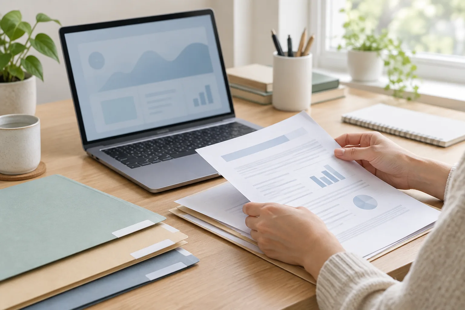 Des mains rangent un document près d’un ordinateur portable et de dossiers papier.