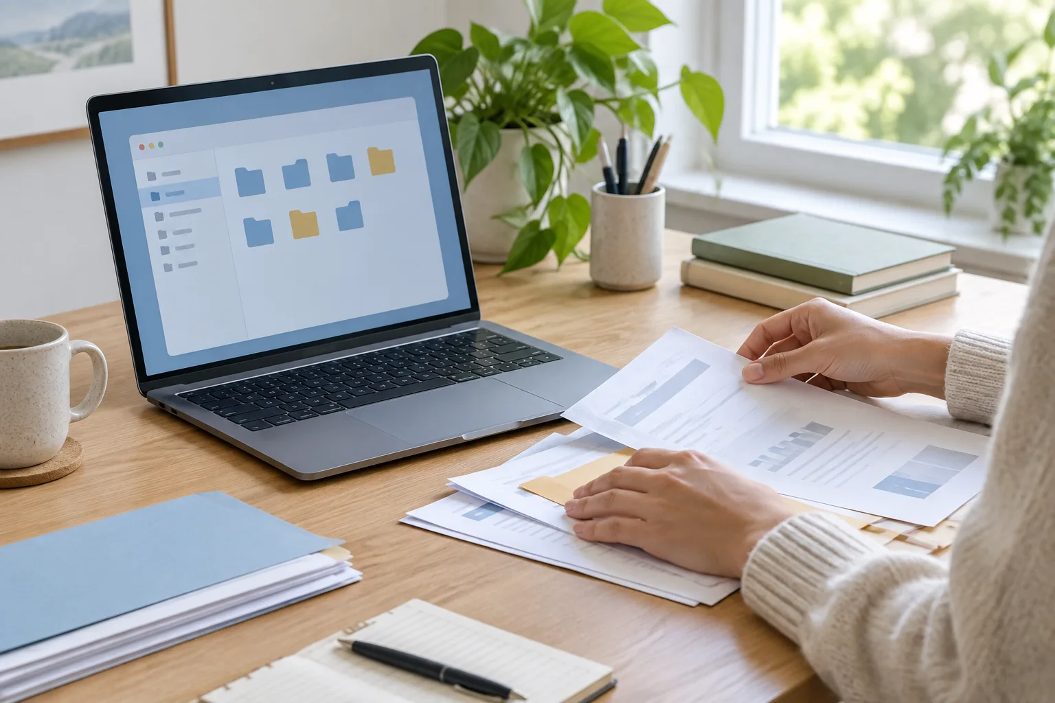 Un ordinateur portable ouvert sur une fenêtre de gestion de fichiers, avec des documents posés à côté.
