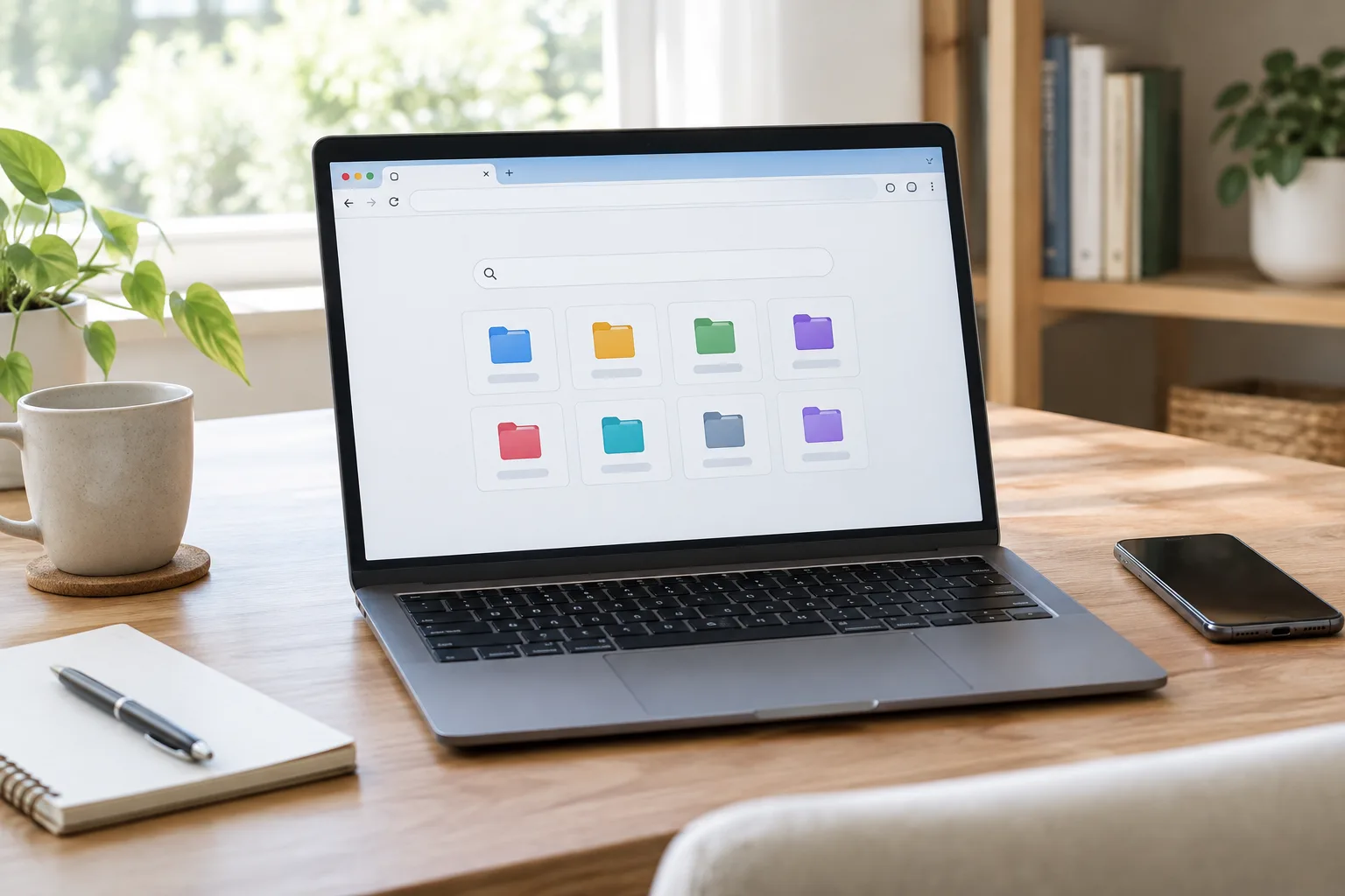 Un ordinateur portable et un téléphone affichent des interfaces de navigateur avec des favoris organisés.