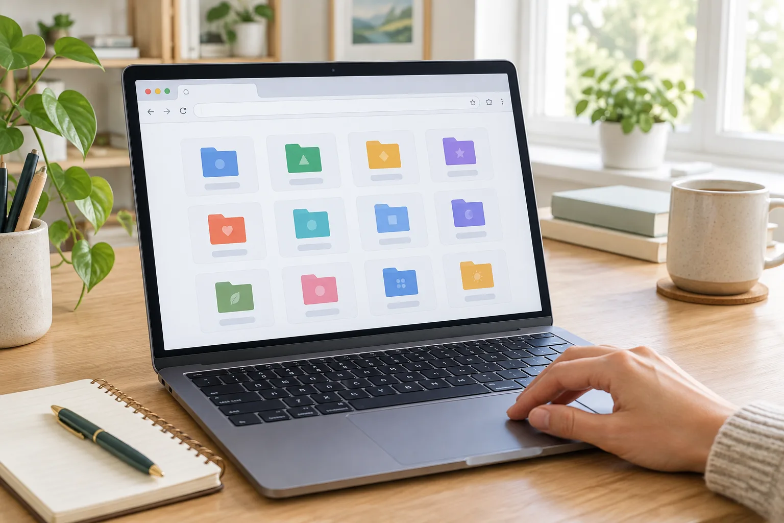 Un ordinateur portable affichant une interface de navigateur avec des favoris rangés en dossiers.