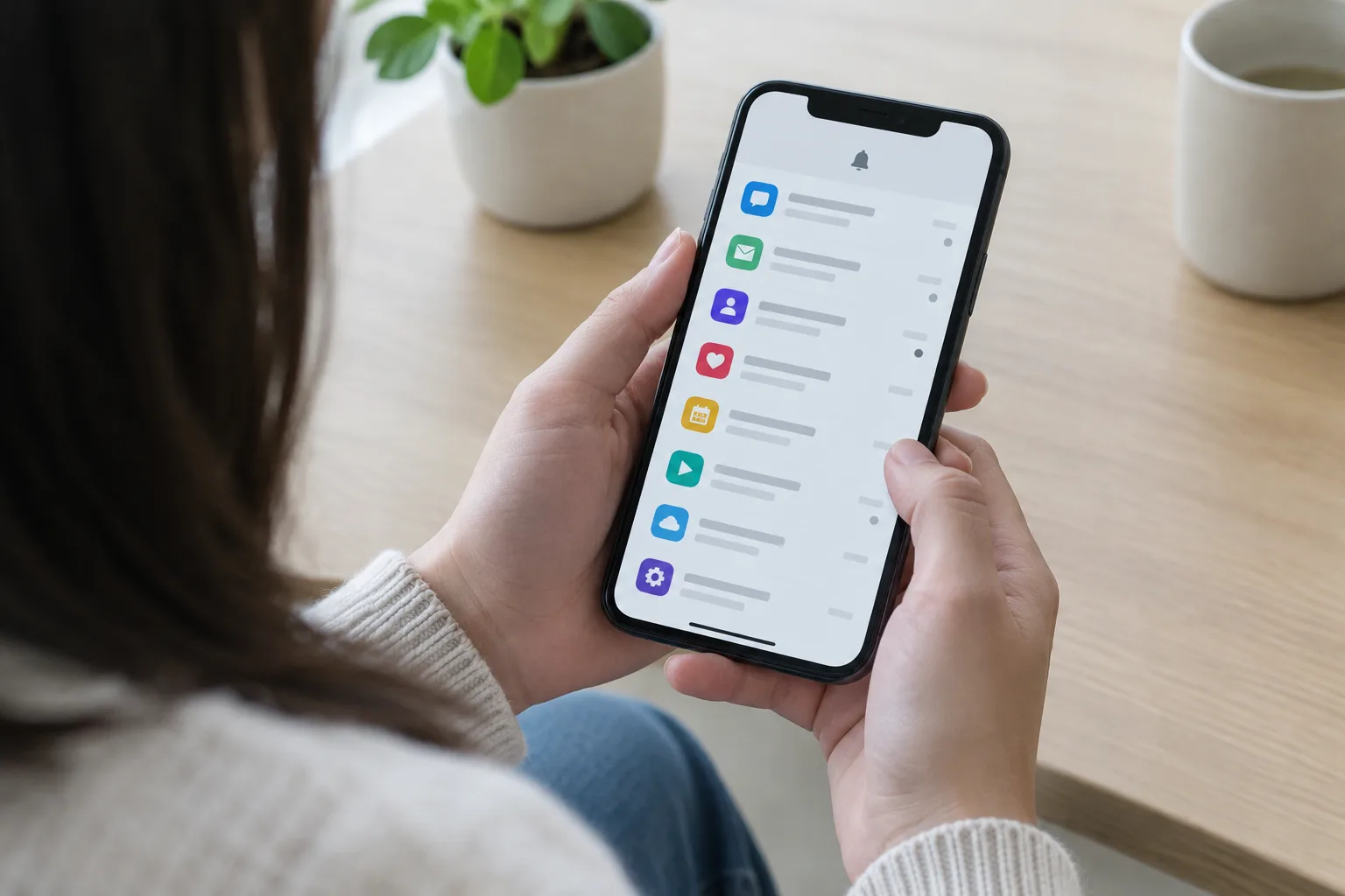 Des mains consultent l’historique des notifications sur un téléphone.
