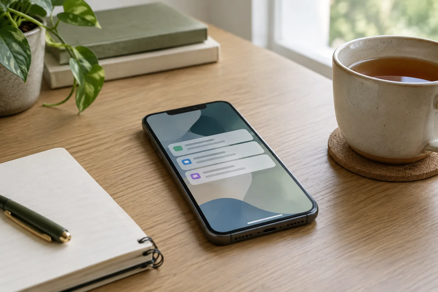 Un téléphone posé sur un bureau avec quelques notifications affichées à l’écran.