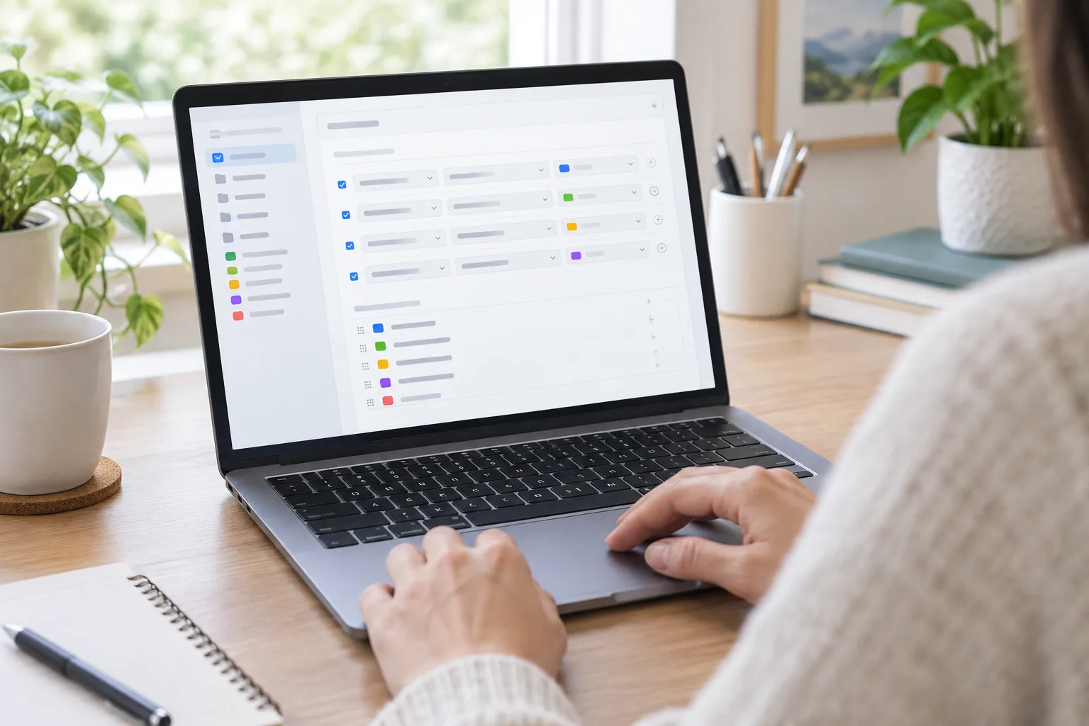 Des mains utilisent un ordinateur pour régler des filtres dans une interface de messagerie générique.