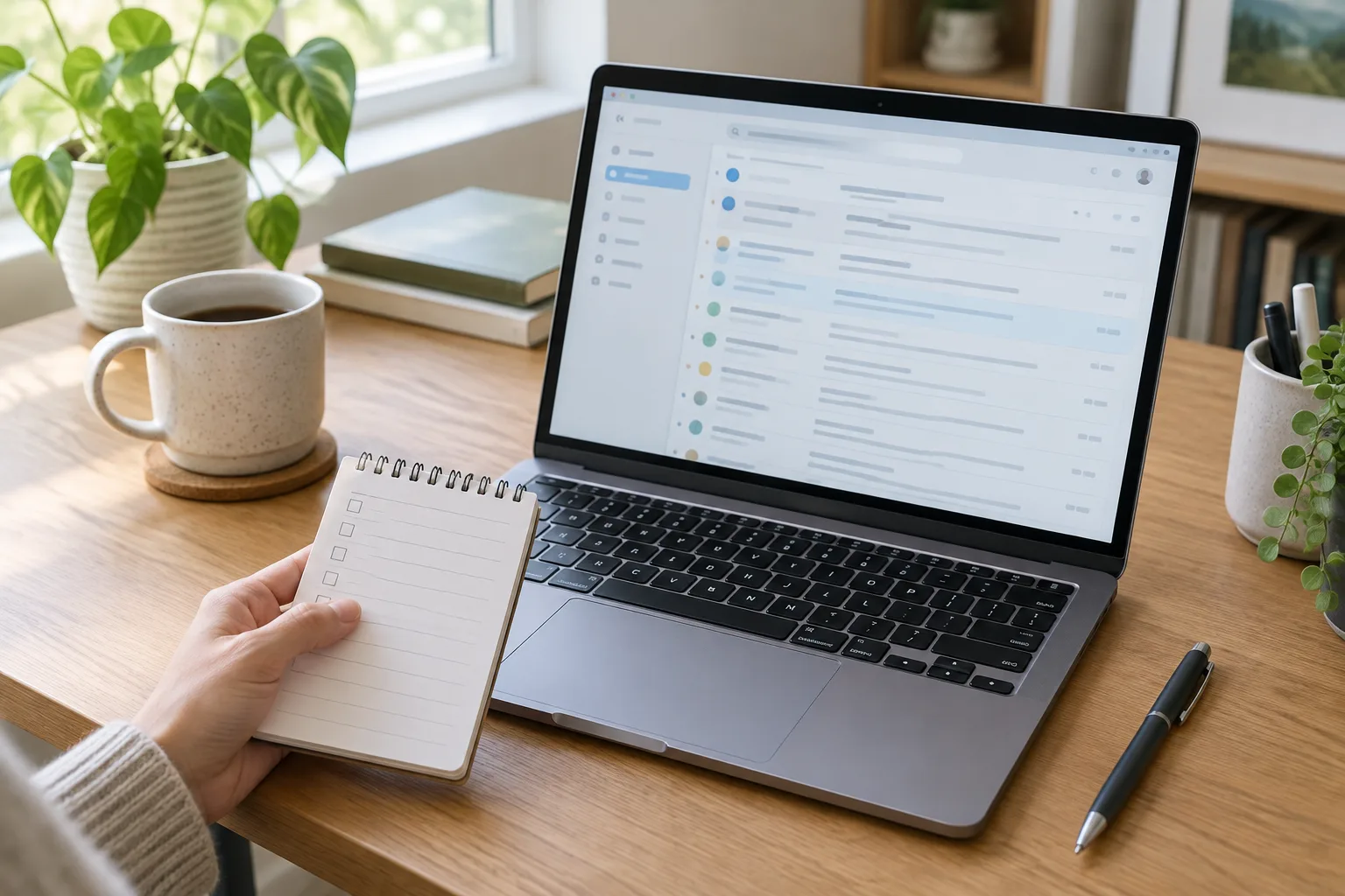 Un ordinateur portable affichant une boîte mail générique, posé sur un bureau rangé avec un carnet.