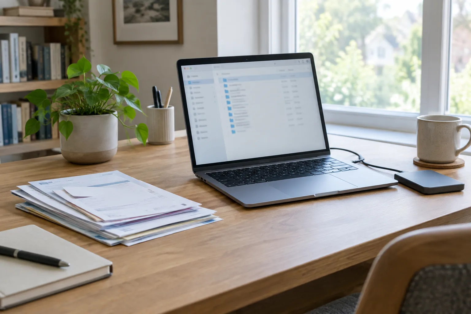 Un ordinateur portable et des documents papier rangés sur un bureau avec un disque de sauvegarde.
