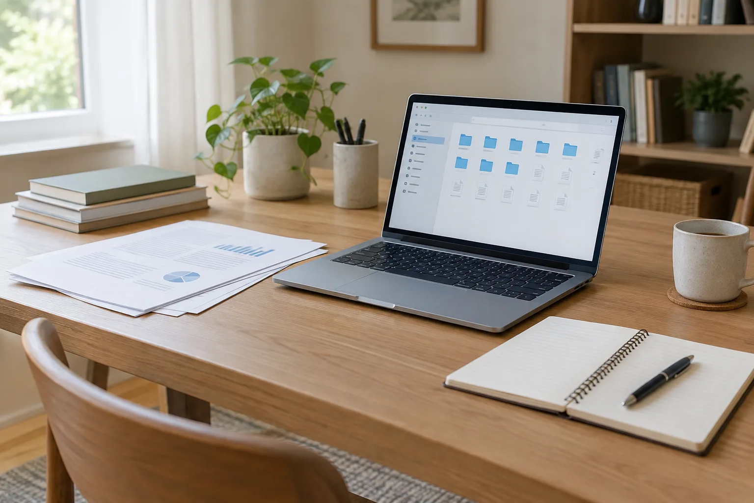 Un ordinateur portable et des documents rangés sur un bureau lumineux.