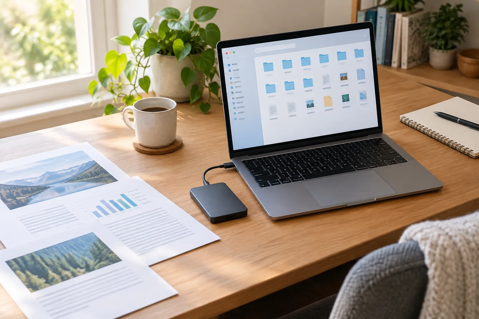 Ordinateur portable et documents disposés sur un bureau rangé, évoquant le classement des fichiers numériques.