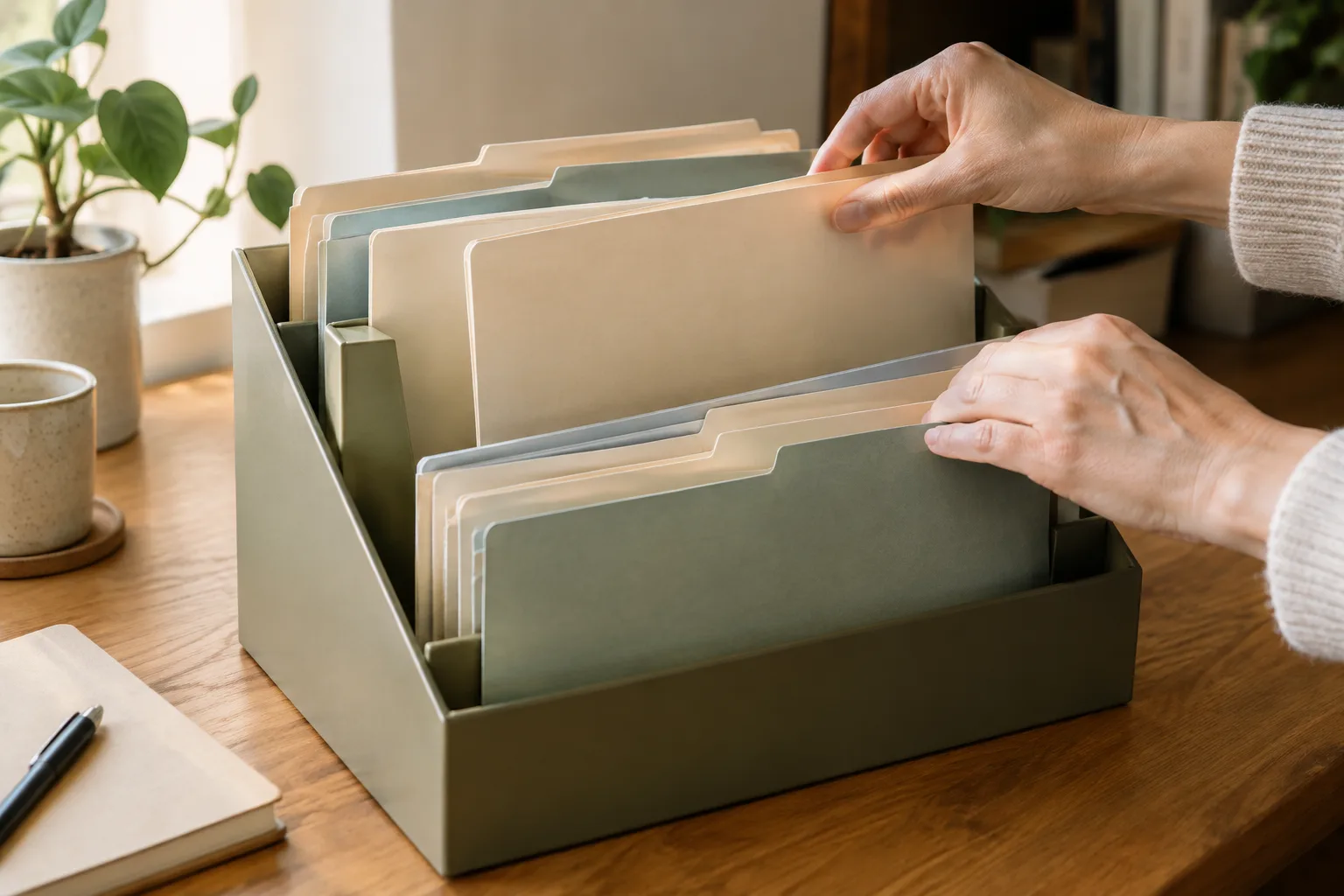 Des dossiers papier regroupés en quelques catégories simples sur un bureau.