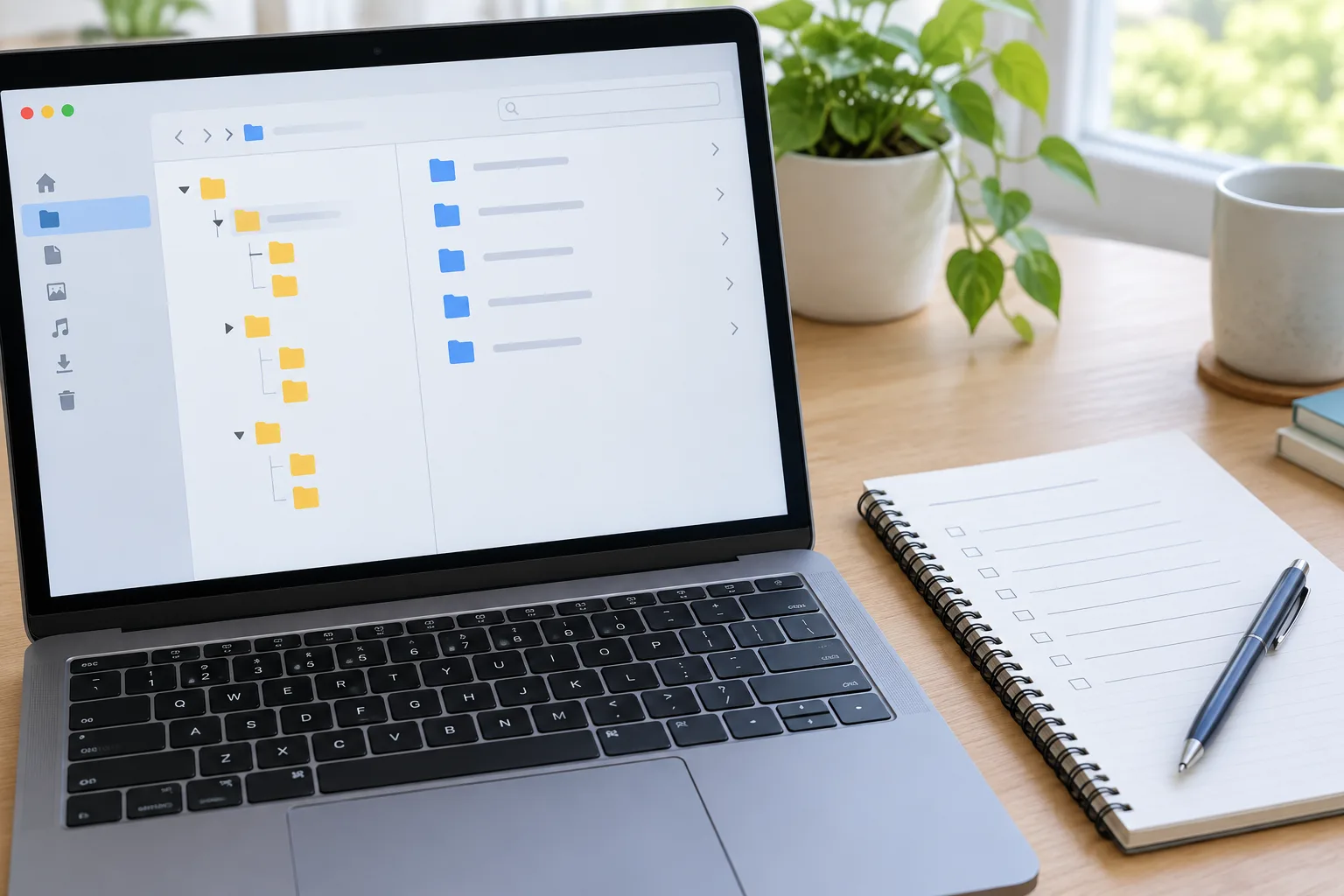 Un gestionnaire de fichiers présente quelques dossiers organisés sur un ordinateur portable.