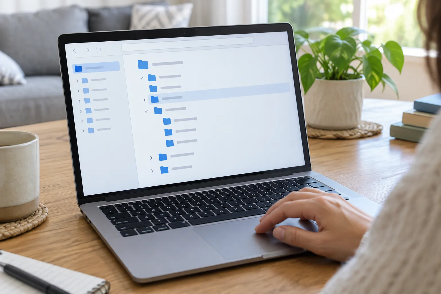 Une personne organise des dossiers numériques sur un ordinateur portable.