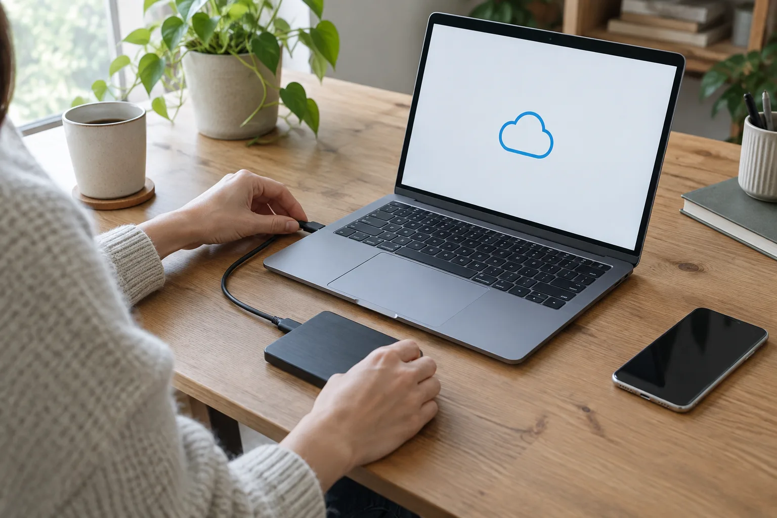 Une personne connecte un disque externe à un ordinateur portable, avec un téléphone posé à côté.